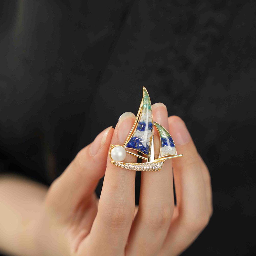 Brooch – Sailboat, Blue & White Style