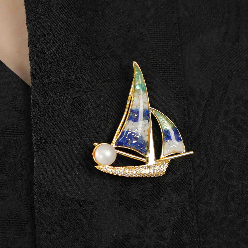 Brooch – Sailboat, Blue & White Style