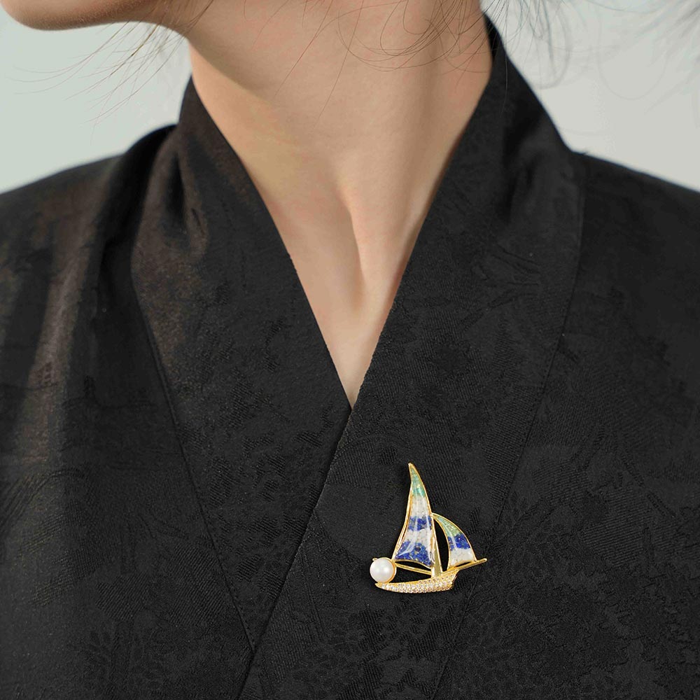 Brooch – Sailboat, Blue & White Style