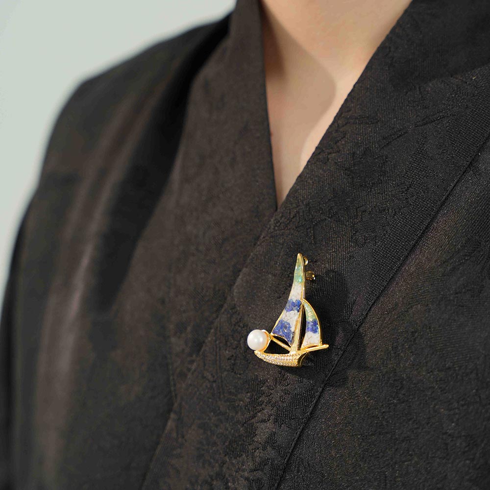 Brooch – Sailboat, Blue & White Style