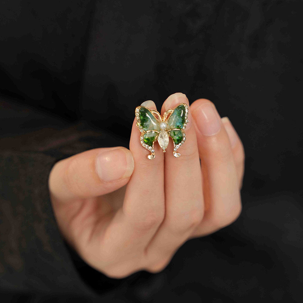 Jade Green Butterfly Brooch with Pearl